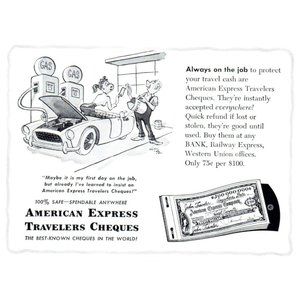1954 American Express Travelers Cheques Vintage Print Ad Gas Pumps Wall Art